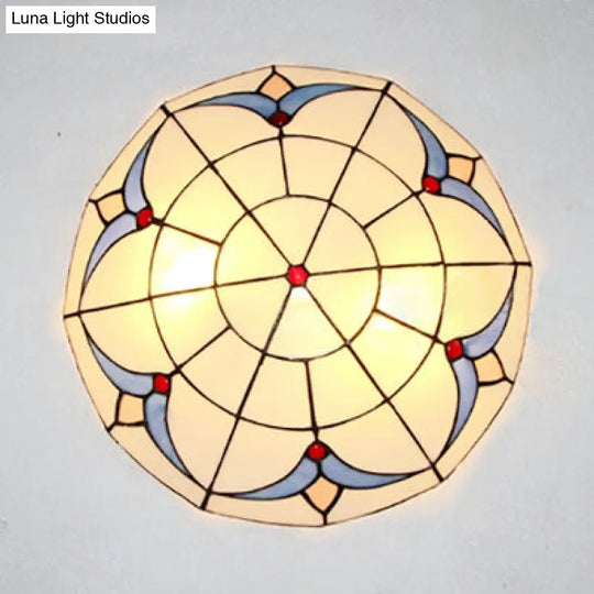 Vintage Magnolia Stained Glass Flush Ceiling Light In White/Clear For Bedroom