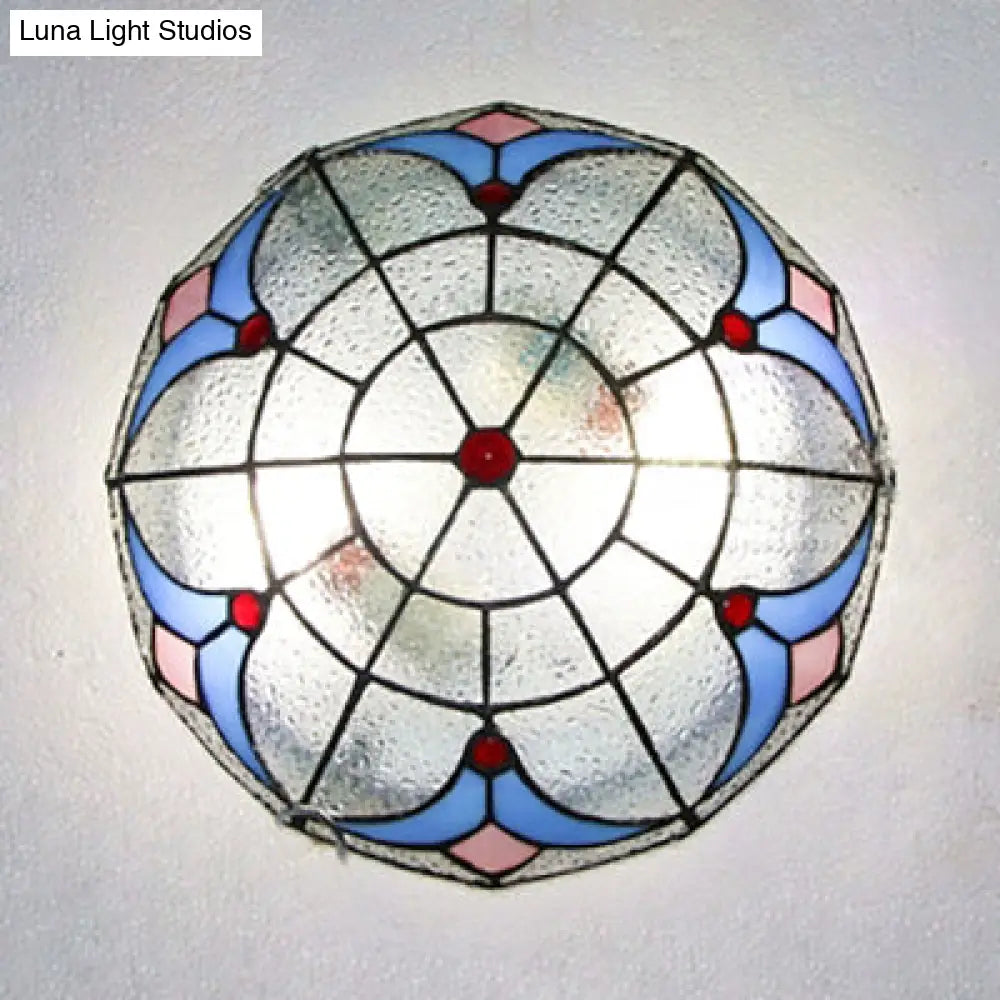 Vintage Magnolia Stained Glass Flush Ceiling Light In White/Clear For Bedroom