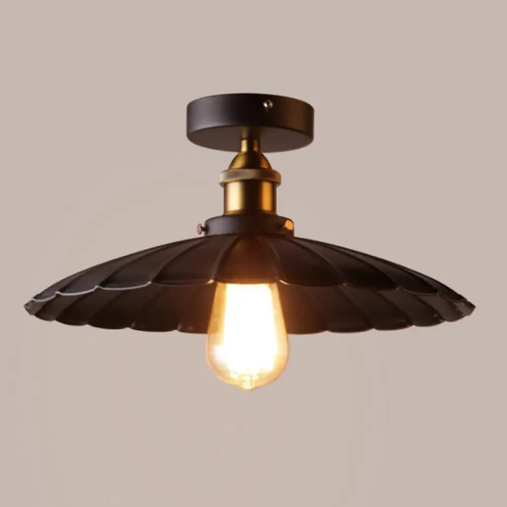 Vintage Metal 1 - Light Semi - Flush Ceiling Light - Black Shaded Kitchen Fixture / 10’ Umbrella