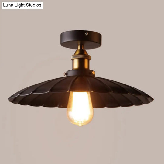 Vintage Metal 1-Light Semi-Flush Ceiling Light - Black Shaded Kitchen Fixture / 10 Umbrella