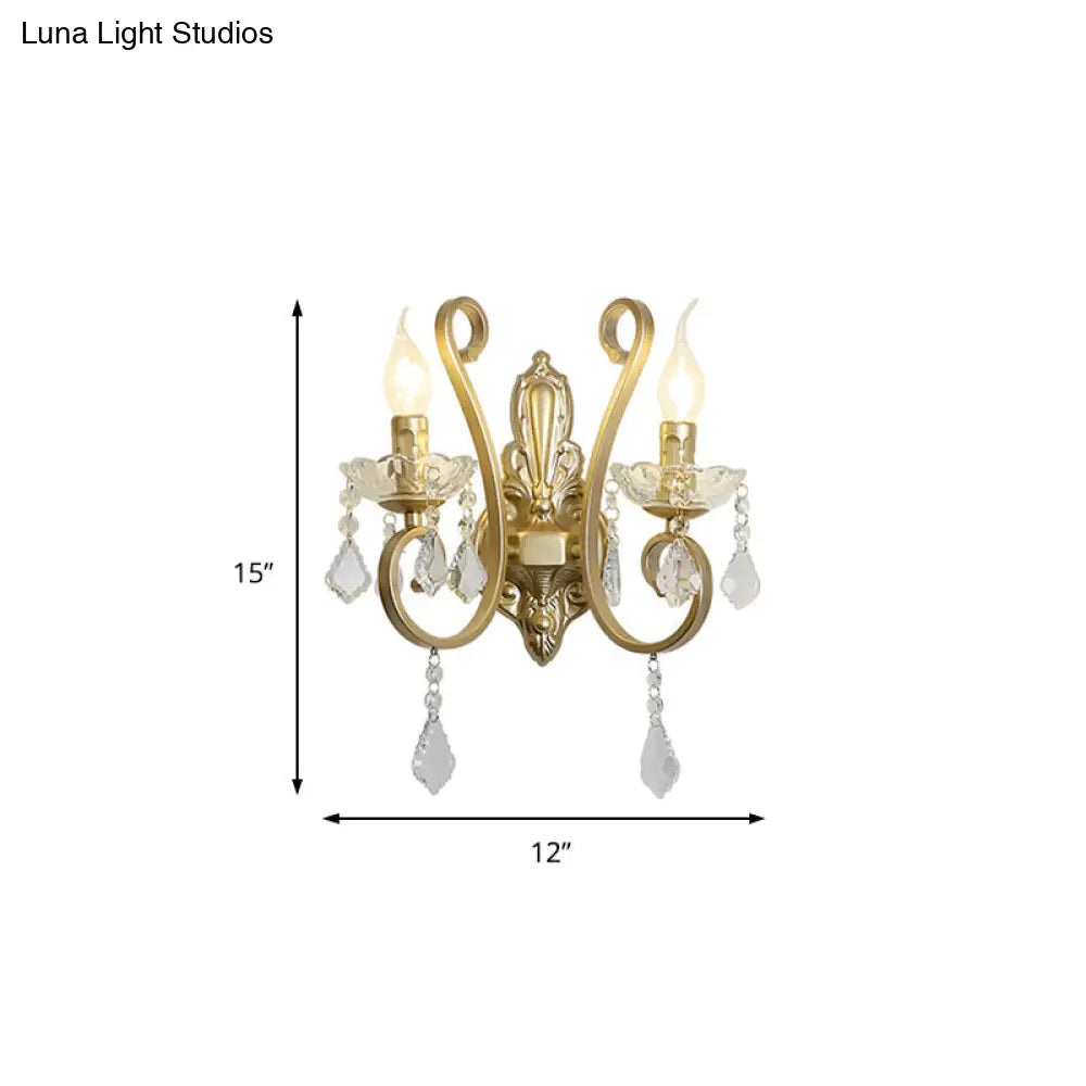 Vintage Metal 2-Head Flameless Candle Wall Sconce Light With Crystal Deco And Curved Brass Arm