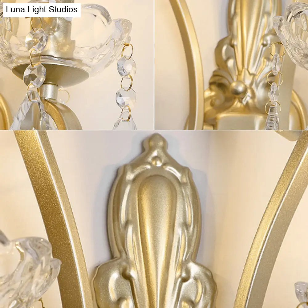 Vintage Metal 2-Head Flameless Candle Wall Sconce Light With Crystal Deco And Curved Brass Arm