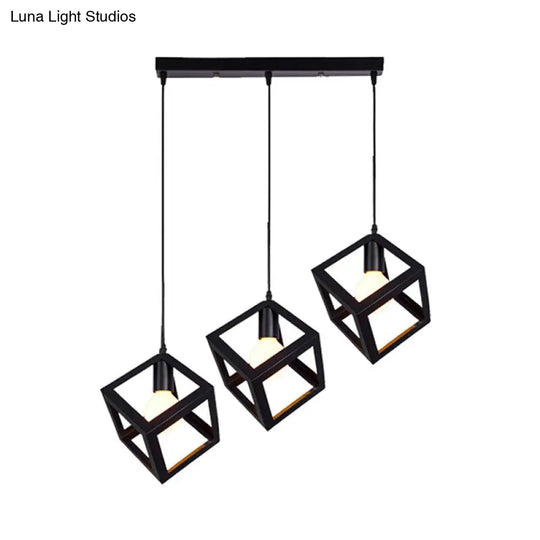 Vintage Metal Geometric Cage Dining Room Ceiling Lamp - 3-Head Black Suspension Light