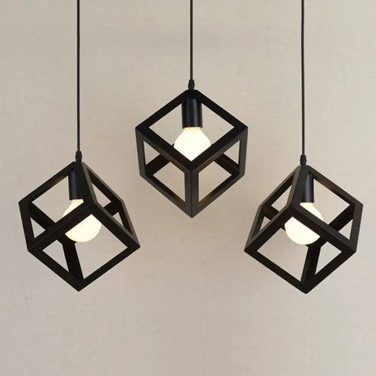 Vintage Metal 3-Light Geometric Cage Ceiling Lamp For Dining Room Black / Square
