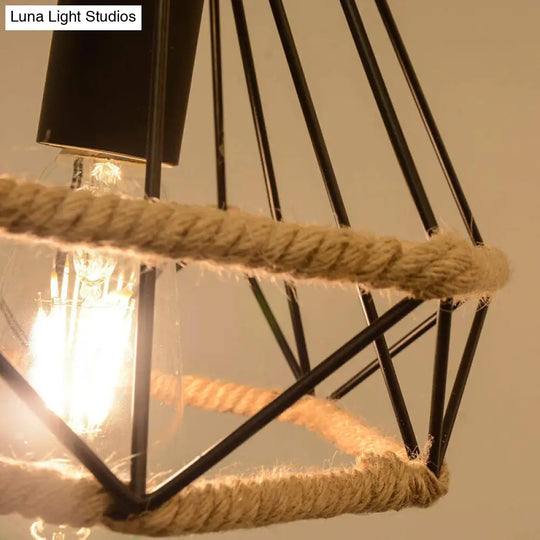 Vintage Metal And Rope 1-Light Black Diamond Pendant Ceiling Lamp With Cage For Coffee Shop