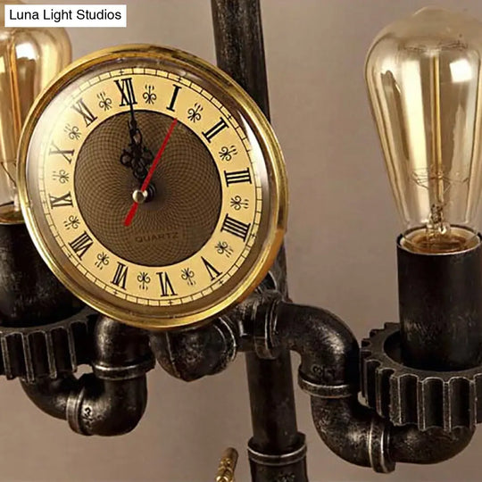 Vintage Metal Bedroom Table Lamp With Gear Design Clock And 3-Light Black Standing Lighting