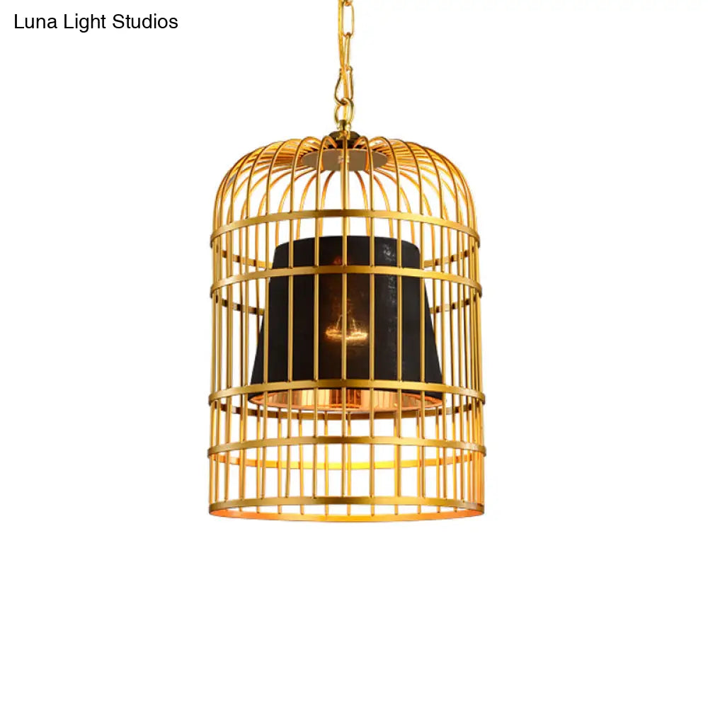 Vintage Metal Bird Cage Pendant Light With Tapered Fabric Shade - Red/White 1-Light Hanging Lamp