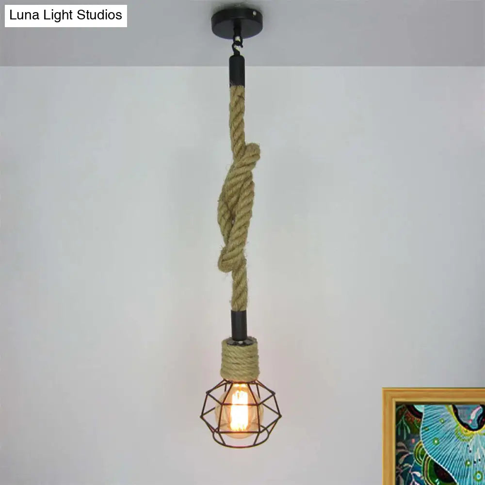 Vintage Global Cage Pendant Light In Metallic Black With Rope Cord - 1 Head Ceiling Fixture