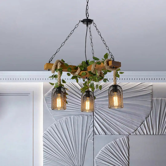 Vintage Metal Brown Chandelier Pendant Light With 3 Bell Cage Heads And Wood Branch Beam Deco