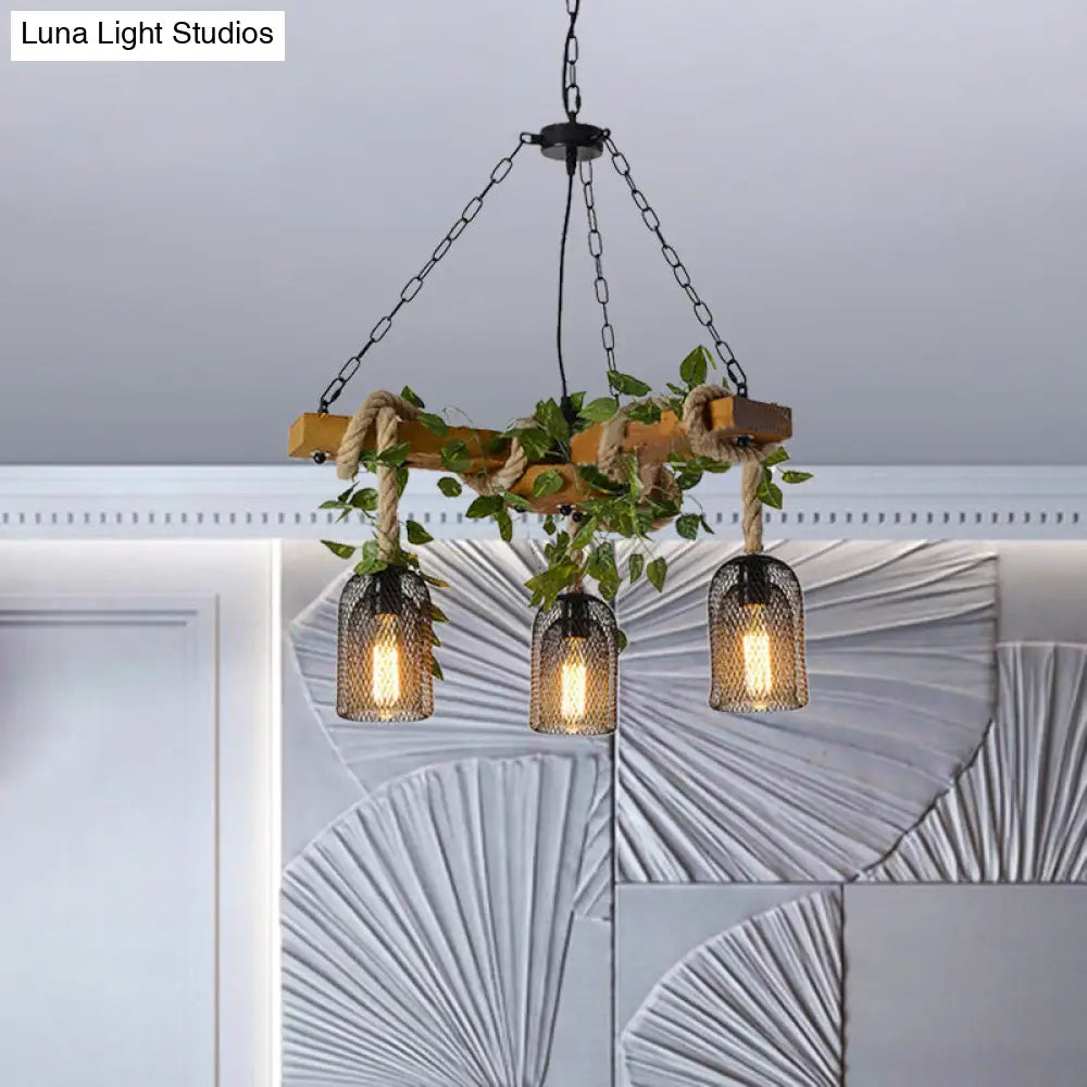 Vintage Metal Bell Cage Pendant Light With Wood Branch Beam And Rope Hanging Kit - Brown 3-Head