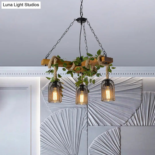 Vintage Metal Bell Cage Pendant Light With Wood Branch Beam And Rope Hanging Kit - Brown 3-Head