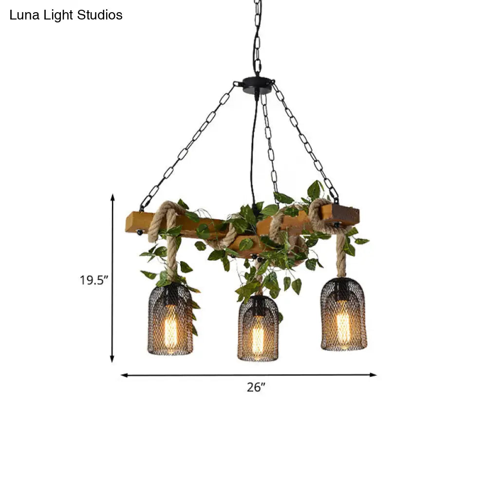 Vintage Metal Bell Cage Pendant Light With Wood Branch Beam And Rope Hanging Kit - Brown 3-Head