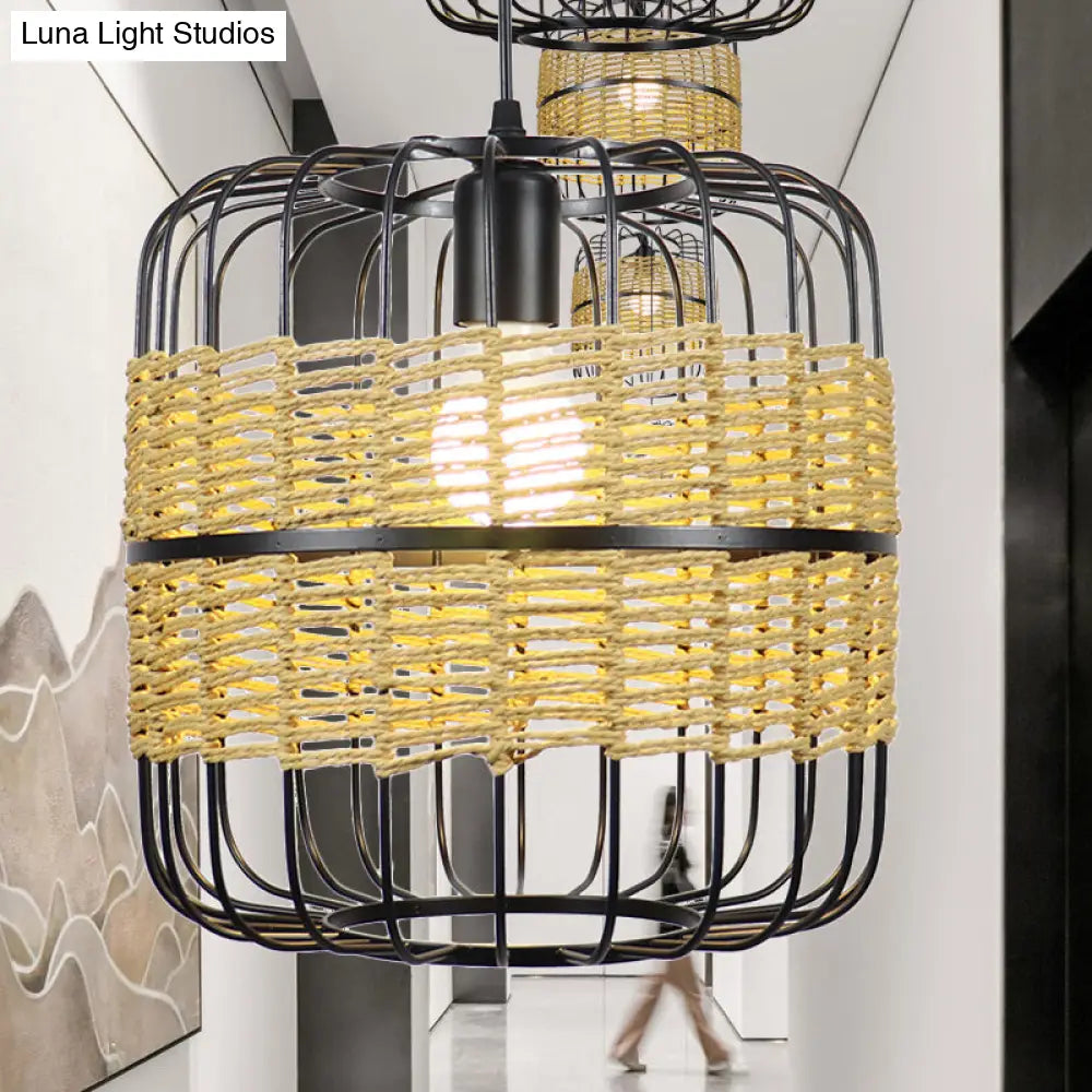 Vintage Metal Cage Suspended Lamp - 1 Light Pendant With Beige Rope Detail Corridor Lighting