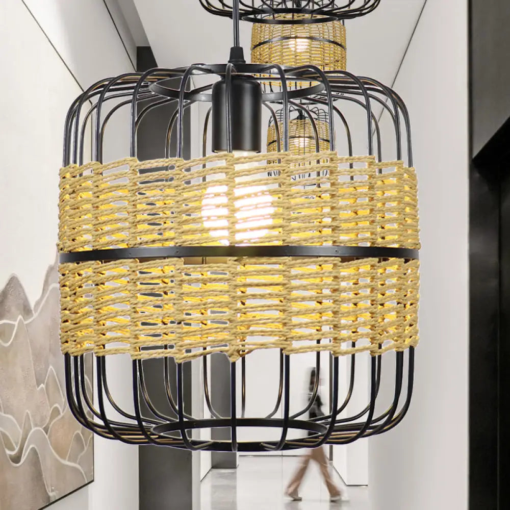 Vintage Metal Cage Pendant Light With Rope Detail In Beige For Corridor
