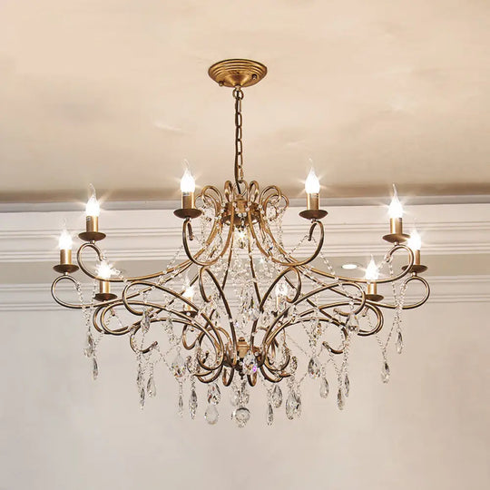 Vintage Metal Candlestick Chandelier With Crystal Strand - Gold Finish Ceiling Hang Light 10 /