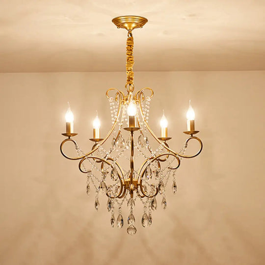 Vintage Metal Candlestick Chandelier With Crystal Strand - Gold Finish Ceiling Hang Light 5 /