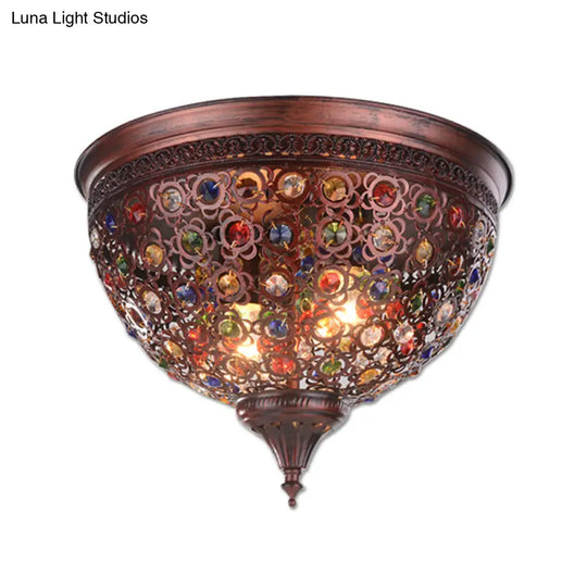 Vintage Metal Ceiling Light With Crystal Bead In Weathered Copper - 2-Light Flush Mount Fixture