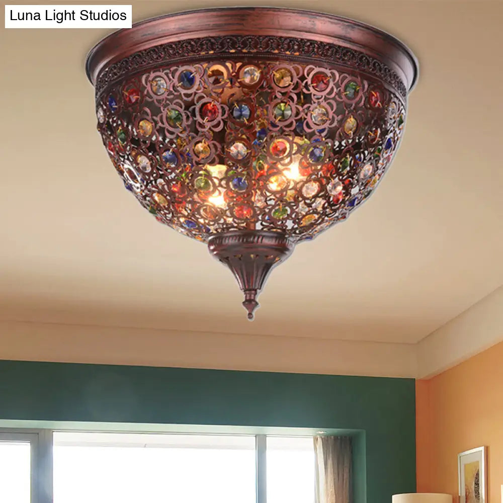 Vintage Metal Ceiling Light With Crystal Bead In Weathered Copper - 2-Light Flush Mount Fixture