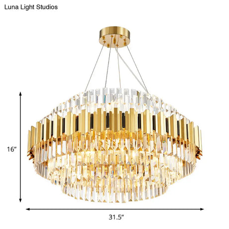 Vintage Metal Chandelier Light With Layered Pendant And Faceted Crystal In Gold For Dining Room