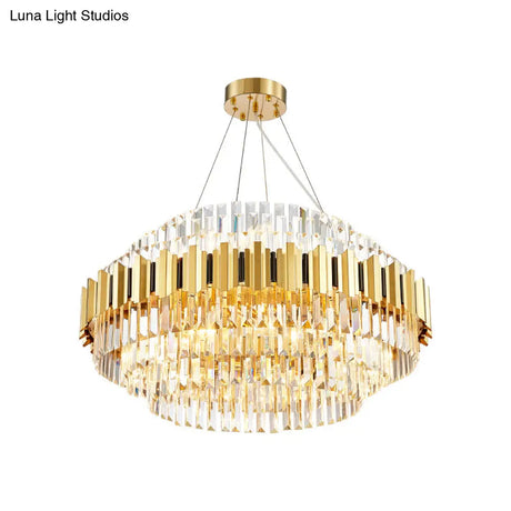 Vintage Metal Chandelier Light With Layered Pendant And Faceted Crystal In Gold For Dining Room