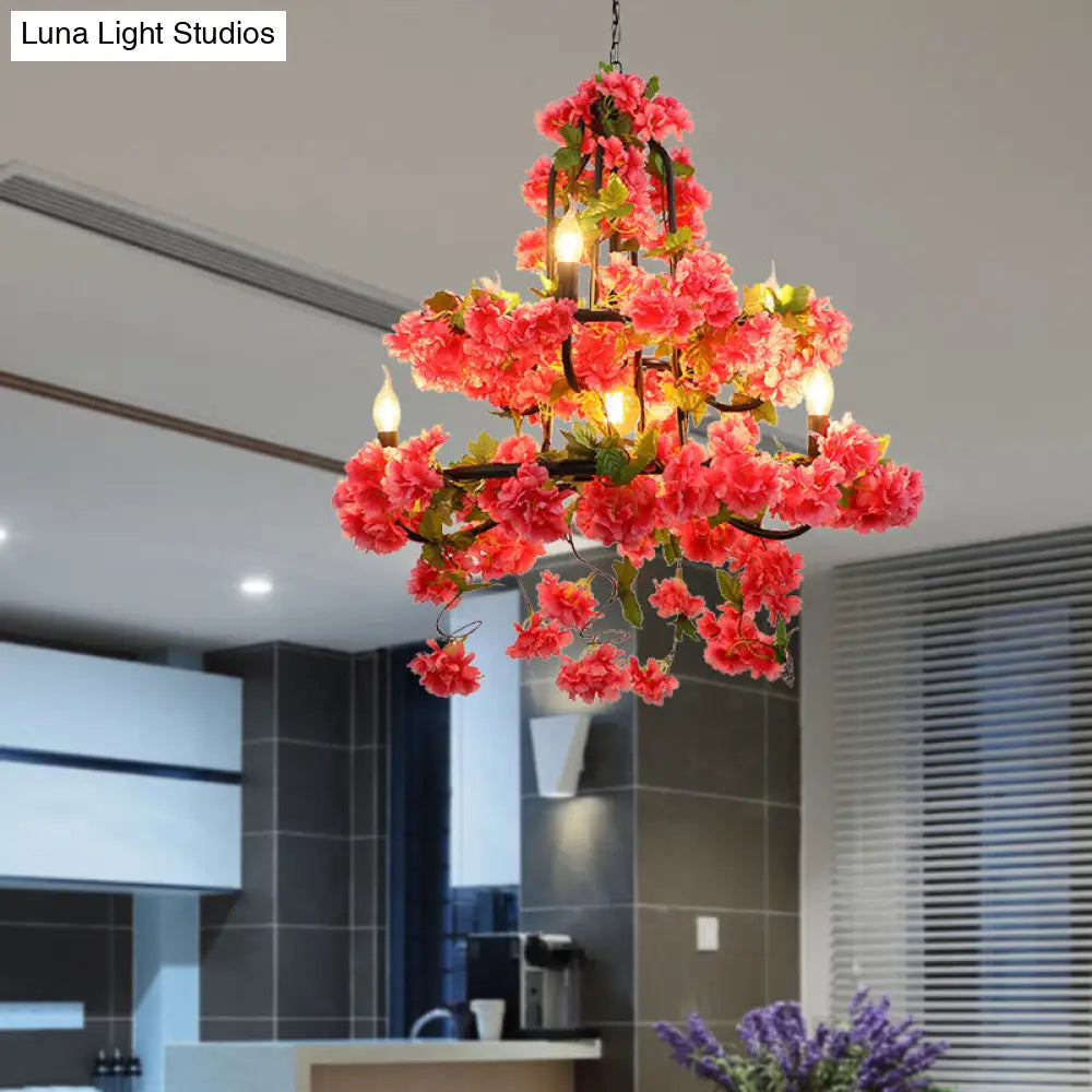 Vintage Metal Cherry Blossom Chandelier With 7 Rose Red Led Lights For Restaurant Lighting