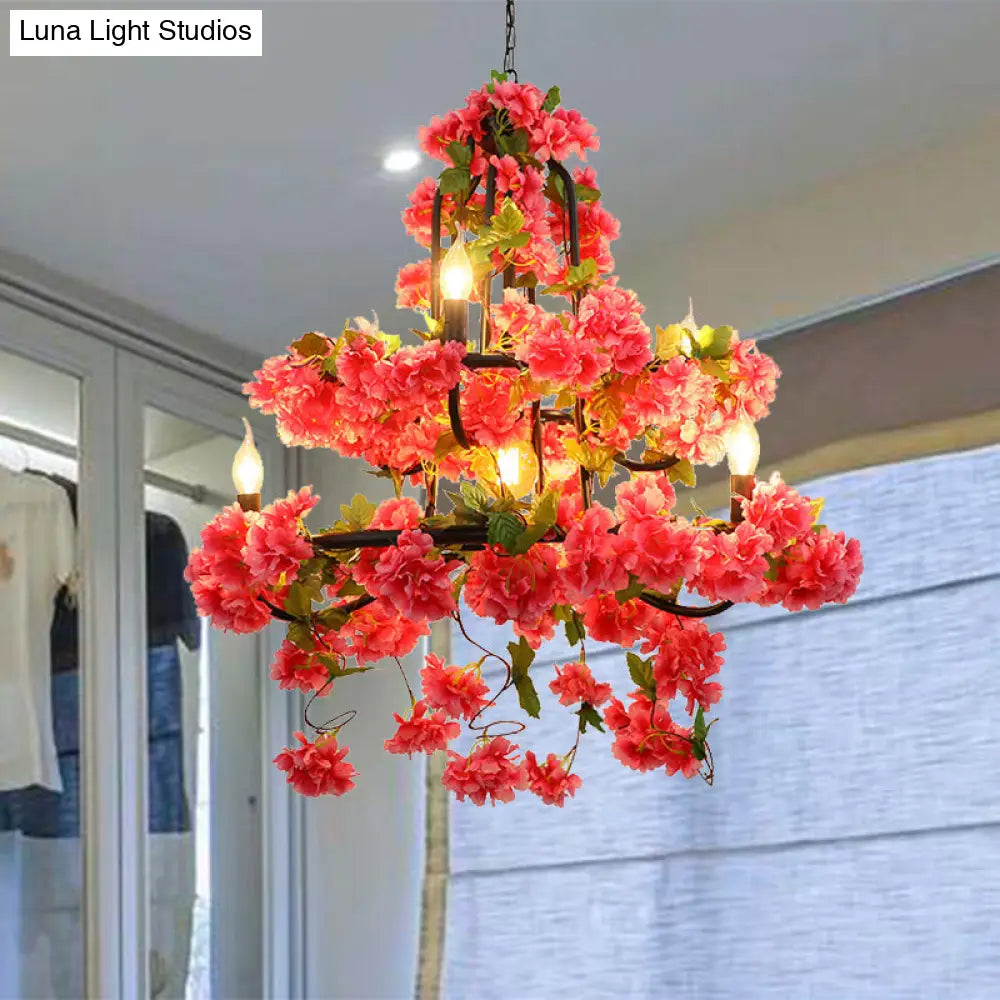 Vintage Metal Cherry Blossom Chandelier With 7 Rose Red Led Lights For Restaurant Lighting