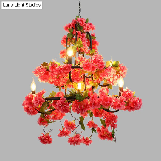 Vintage Metal Cherry Blossom Chandelier With 7 Rose Red Led Lights For Restaurant Lighting