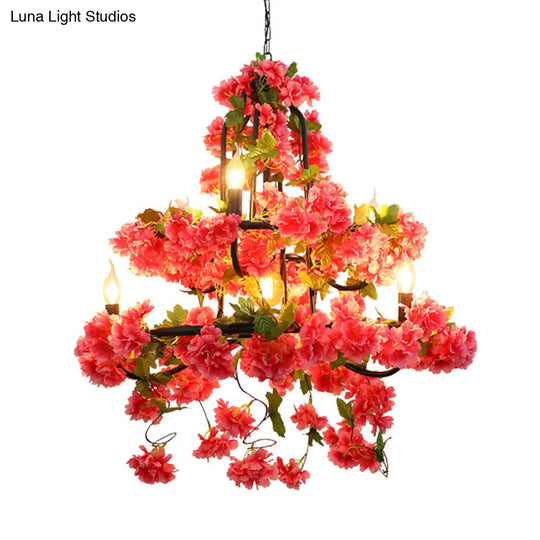 Vintage Metal Cherry Blossom Chandelier With 7 Rose Red Led Lights For Restaurant Lighting