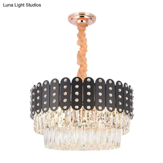 Vintage Metal Chandelier Pendant Light With Crystal Block - 12 Lights Round Design Black Finish