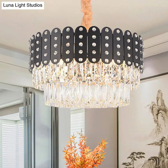 Vintage Metal Chandelier Pendant Light With Crystal Block In Black 12 Lights Round Design