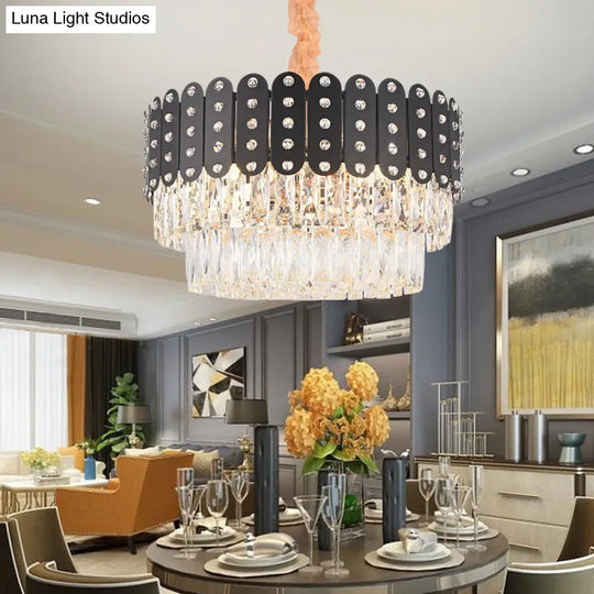 Vintage Metal Chandelier Pendant Light With Crystal Block In Black 12 Lights Round Design