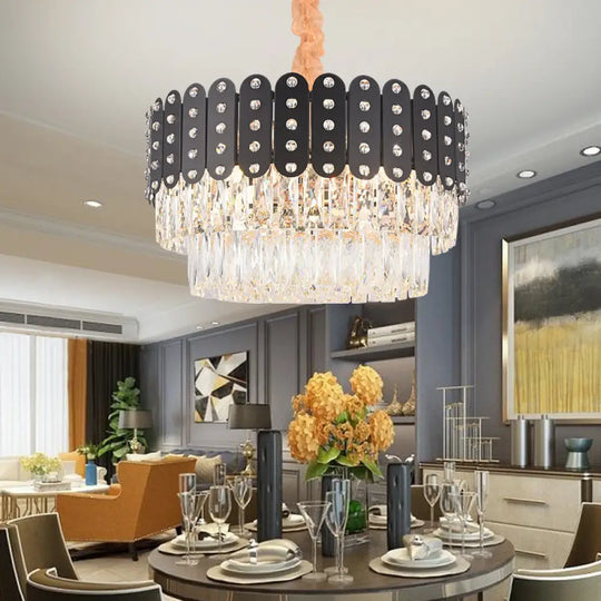 Vintage Metal Chandelier Pendant Light With Crystal Block - 12 Lights Round Design Black Finish