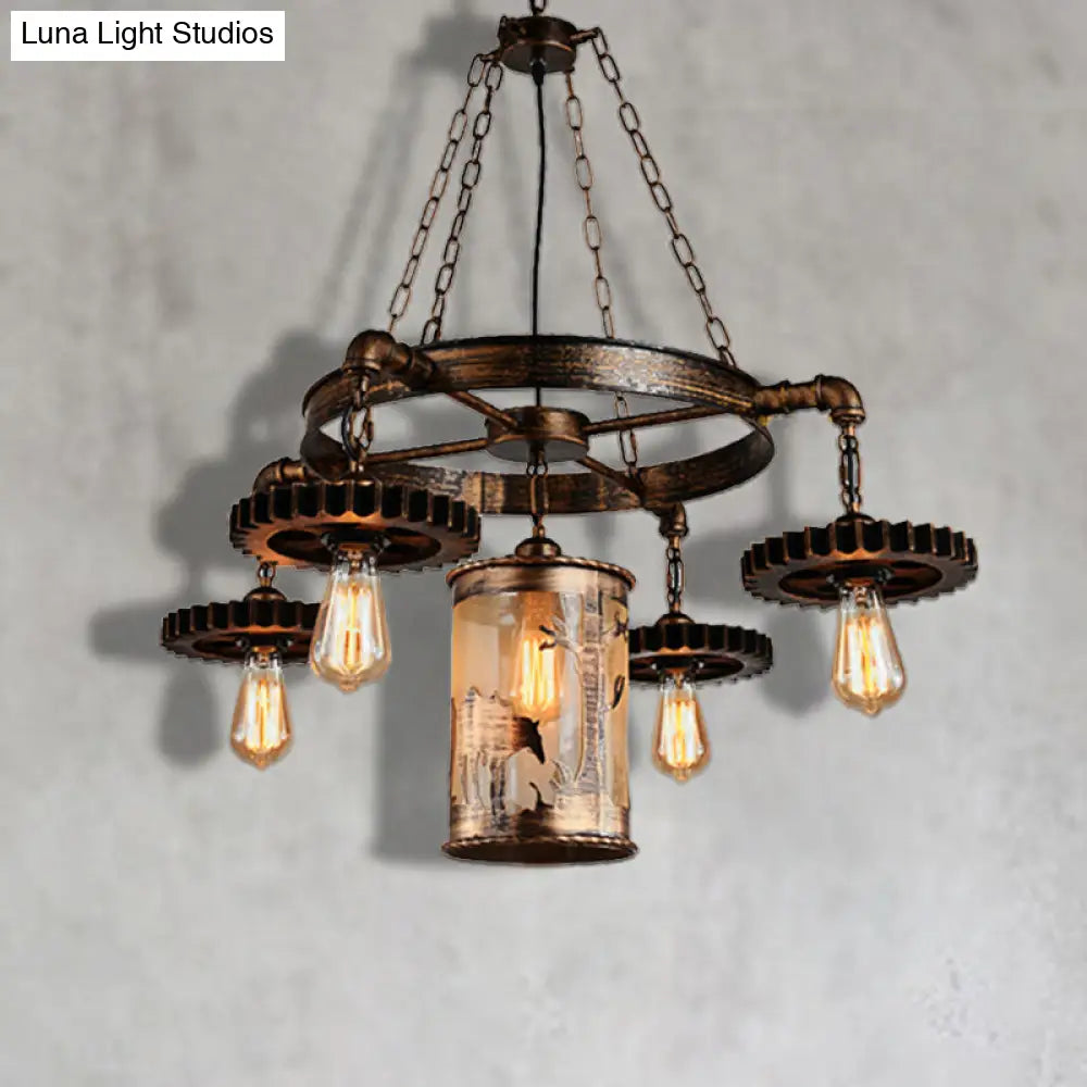 Vintage Metal Cylinder Chandelier: 5/7 Light Dining Room Pendant In Bronze With Gear