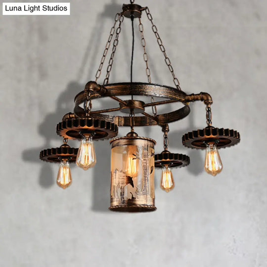 Vintage Metal Cylinder Chandelier: 5/7 Light Dining Room Pendant In Bronze With Gear