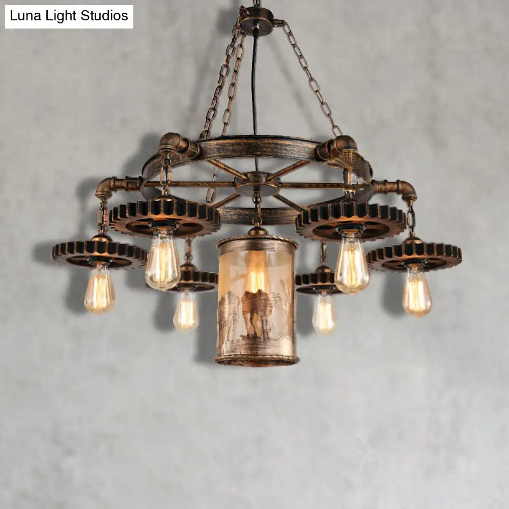 Vintage Metal Cylinder Chandelier With Gear In Bronze - 5/7 Light Pendant For Dining Room 7 /