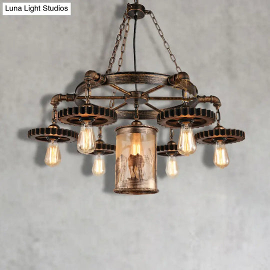 Vintage Metal Cylinder Chandelier With Gear In Bronze - 5/7 Light Pendant For Dining Room 7 /