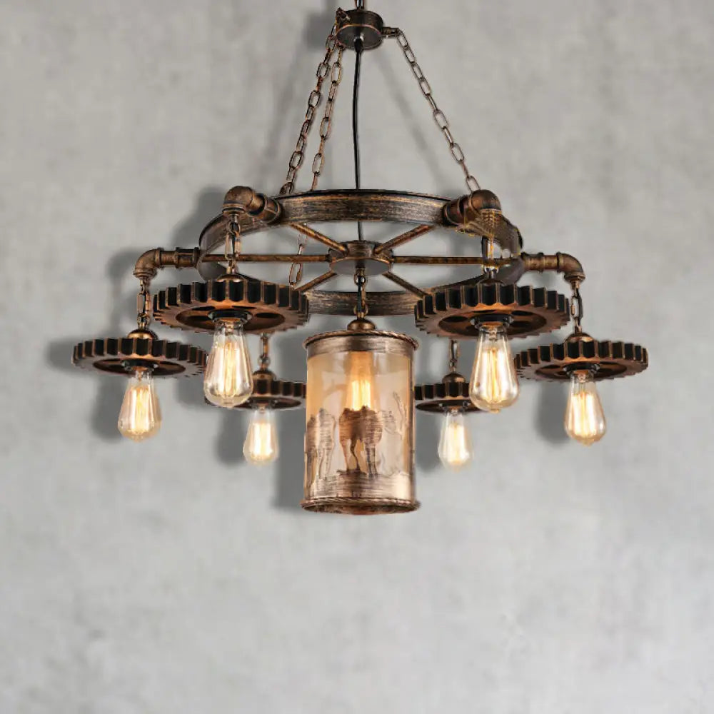 Vintage Metal Cylinder Chandelier: 5/7 Light Dining Room Pendant In Bronze With Gear 7 /