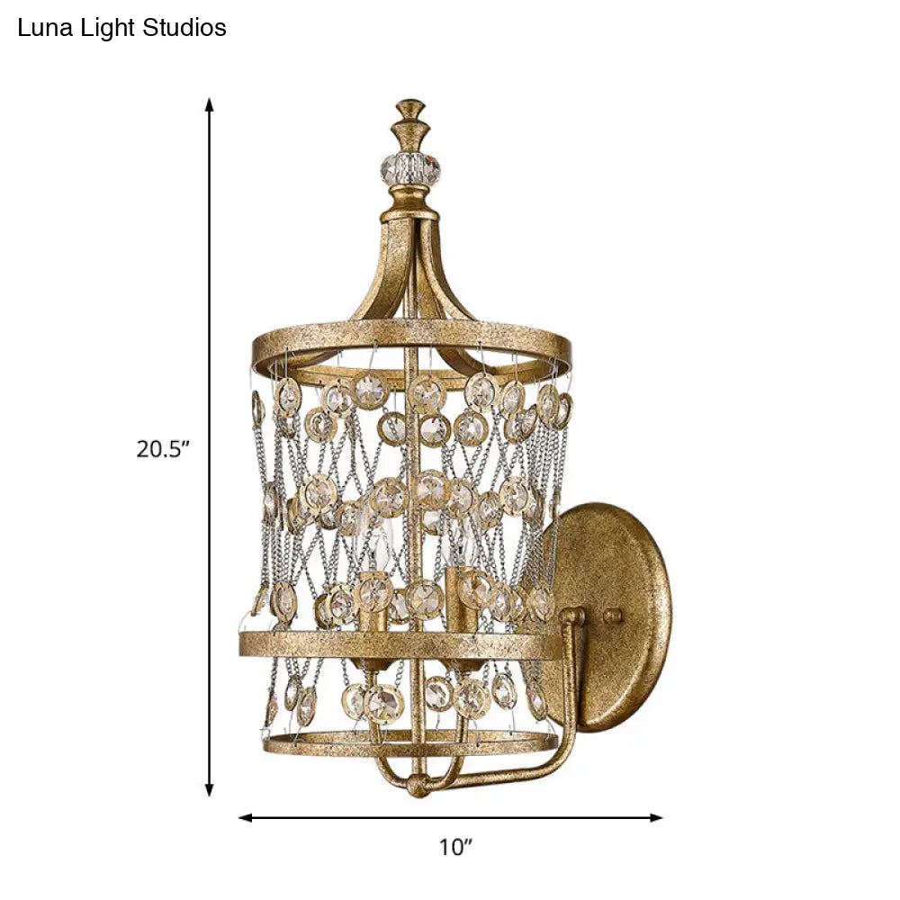 Vintage Metal Cylinder Sconce Light With Crystal Accent - Antique Brass Wall Mount 2 Lights