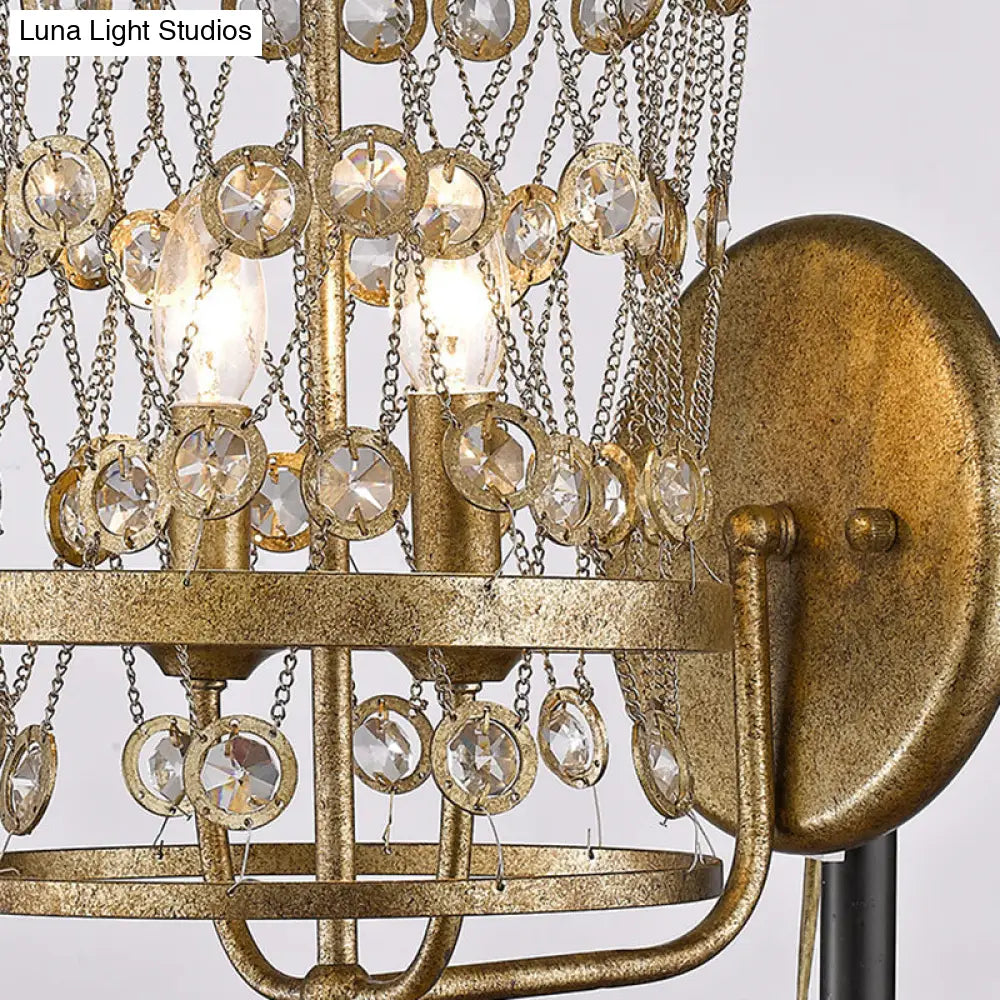 Vintage Metal Cylinder Sconce Light With Crystal Accent - Antique Brass Wall Mount 2 Lights