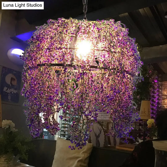 Vintage Purple Flower Dome Led Pendant Lamp For Restaurants - 1 Light Metal Drop Lighting
