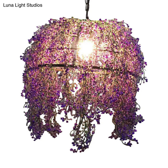 Vintage Metal Dome Drop Lamp: 1-Light Purple Led Pendant With Floral Decor For Restaurants
