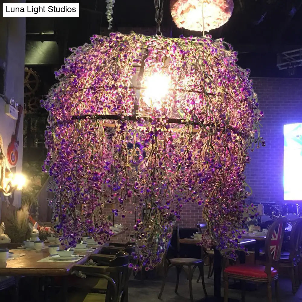 Vintage Metal Dome Drop Lamp: 1-Light Purple Led Pendant With Floral Decor For Restaurants