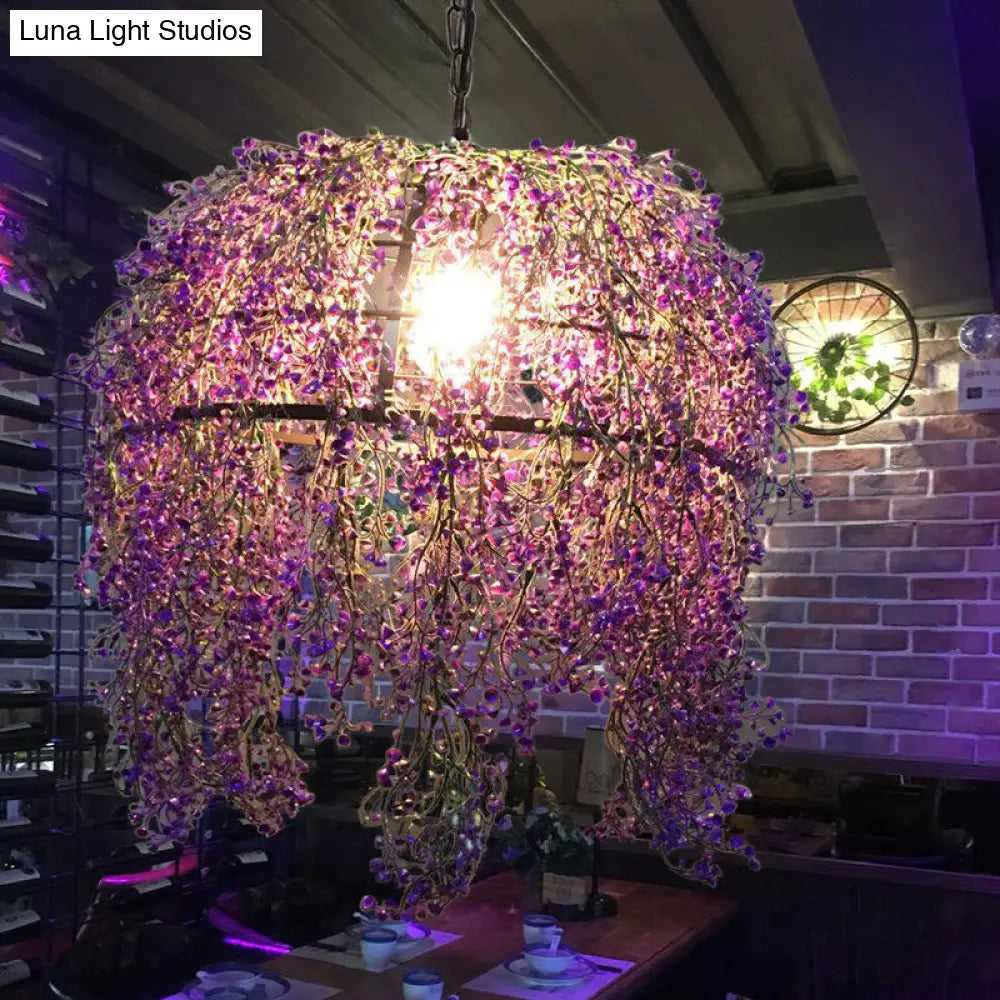 Vintage Purple Flower Dome Led Pendant Lamp For Restaurants - 1 Light Metal Drop Lighting