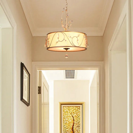 Vintage Metal Drum Cage Hanging Chandelier With Crystal Details And White Fabric Shade / 16