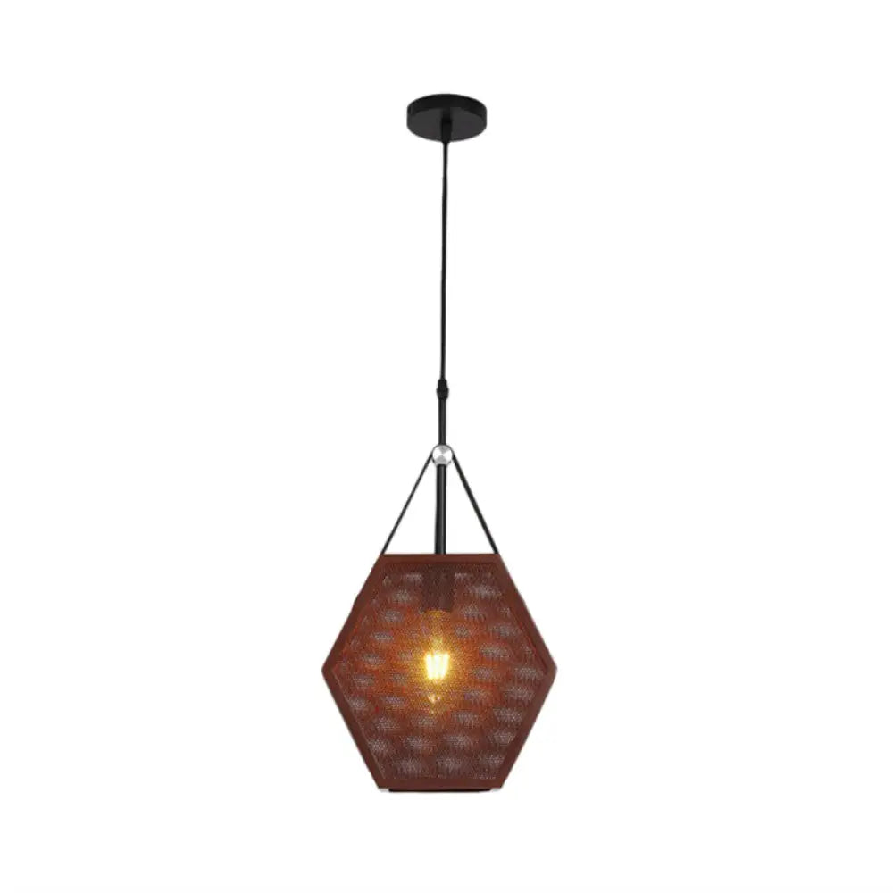 Vintage Metal Hanging Ceiling Lamp In Brown - Head Pendant Lighting With Pentagon Mesh Screen