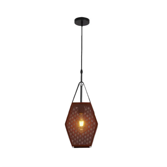 Vintage Metal Hanging Ceiling Lamp In Brown - Head Pendant Lighting With Pentagon Mesh Screen