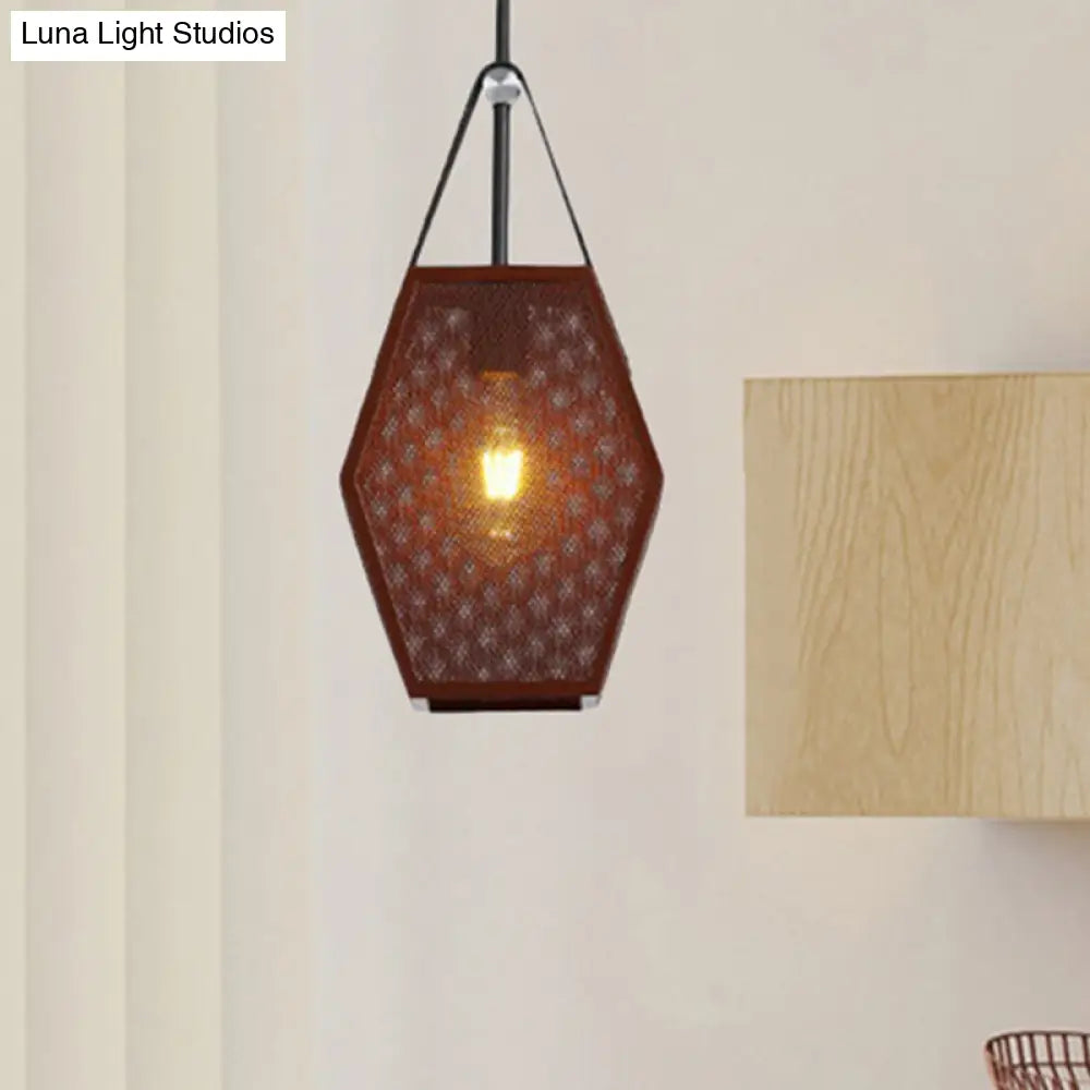 Vintage Metal Hanging Ceiling Lamp In Brown - Head Pendant Lighting With Pentagon Mesh Screen