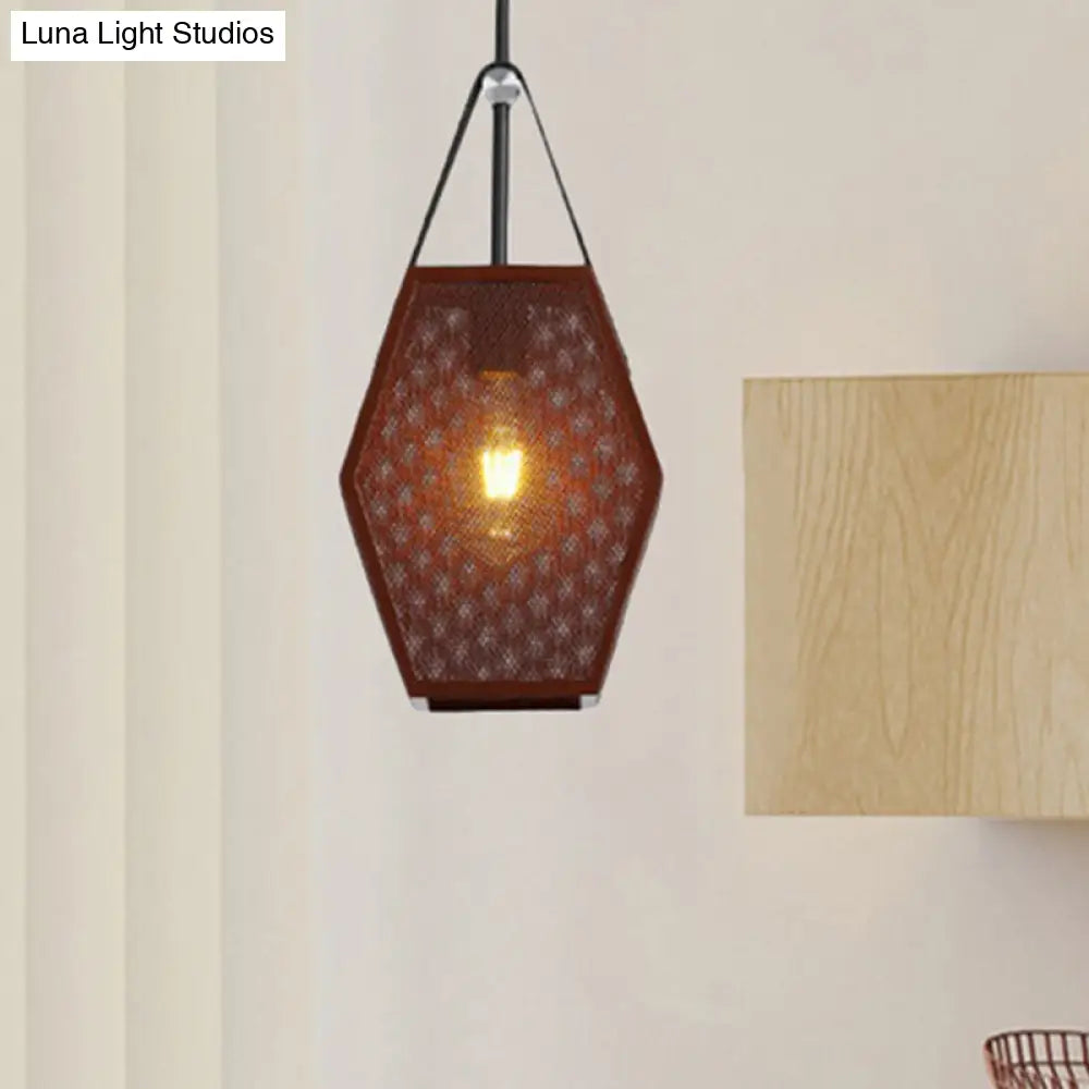 Vintage Metal Pendant Lamp With Pentagon Mesh Screen And Brown Finish - Available In 8/10 Width