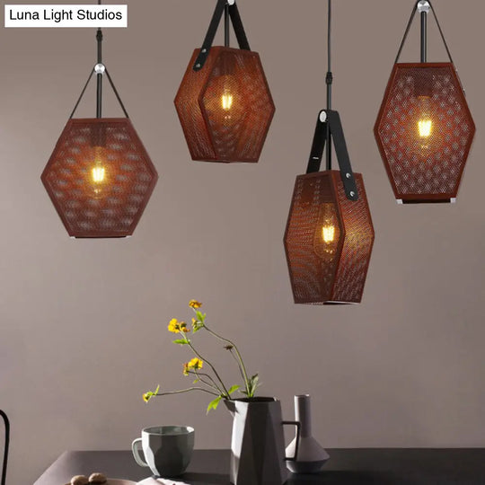 Vintage Metal Hanging Ceiling Lamp In Brown - Head Pendant Lighting With Pentagon Mesh Screen