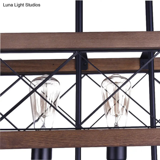 Vintage Metal Island Lamp: Rectangular 5-Bulb Pendant Light In Black With Wood Frame